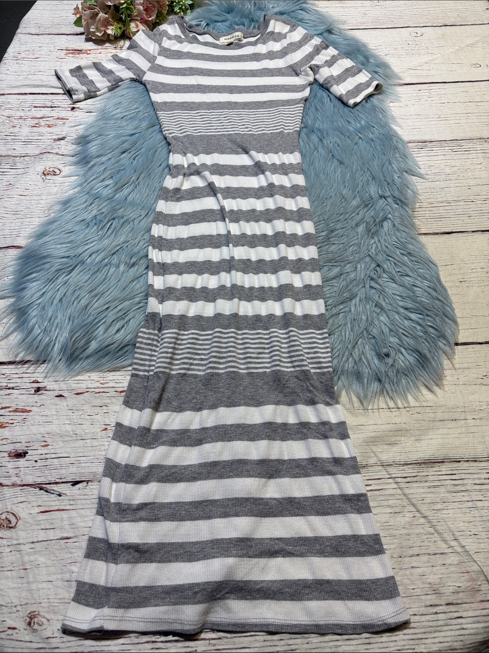 Monteau Gray & White Striped Ribbed Bodycon Maxi Dress sz S
